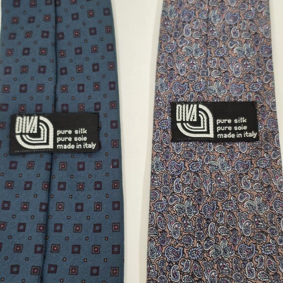 Diva Pure Silk Tie Lot of 2 Italy AOP Geo Tiny Paisley Preppy W3 L56.5-58 Inches - Picture 6 of 13